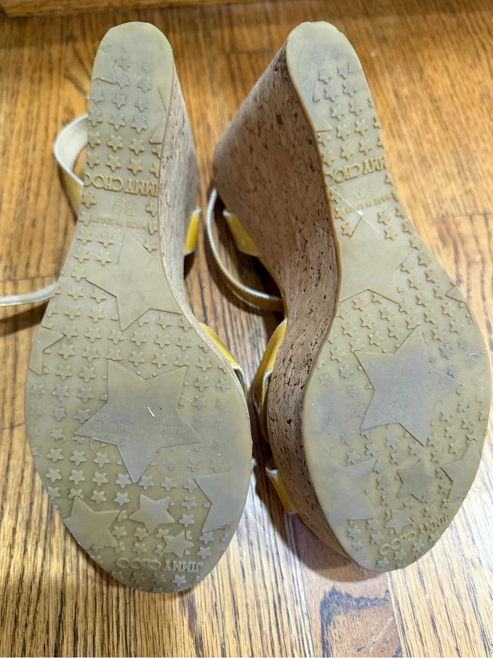Jimmy Choo Yellow/Tan Patent Cork Wedge Sandals Sz 39